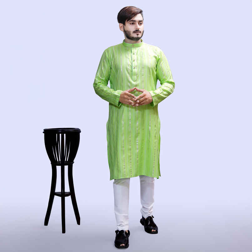 Tibra Collection Men Kurta - Green | Solid | Thin Striped | Cotton Blend | L