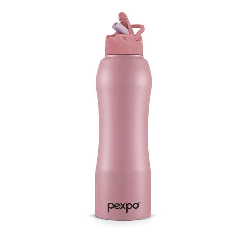 Pexpo Stainless Steel Belly Water Bottle With Straw Lid Sipper Cap Easy Grip | Rose Gold | 1 L