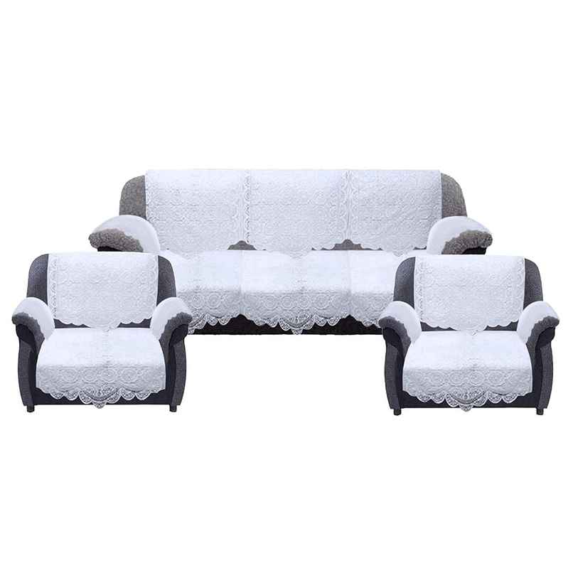 Kuber Industries Circle Design Cotton Sofa Cover | 3 Seater & 2 Seater | 6 Piece Arms Cover|White