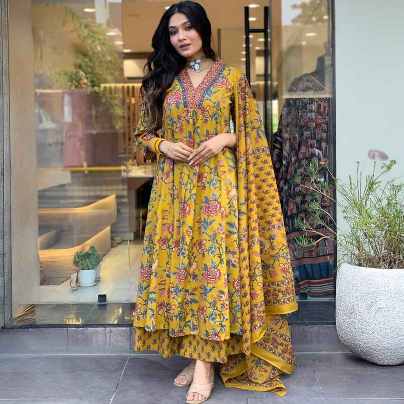 GoSriKi Women's Rayon Blend Anarkali Printed Kurta with Palazzo & Dupatta | CIA | Yellow - L