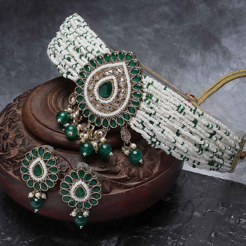 Sukkhi Amazing Gold Plated Green Kundan & Beads Studded Multistrand Choker Necklace Set