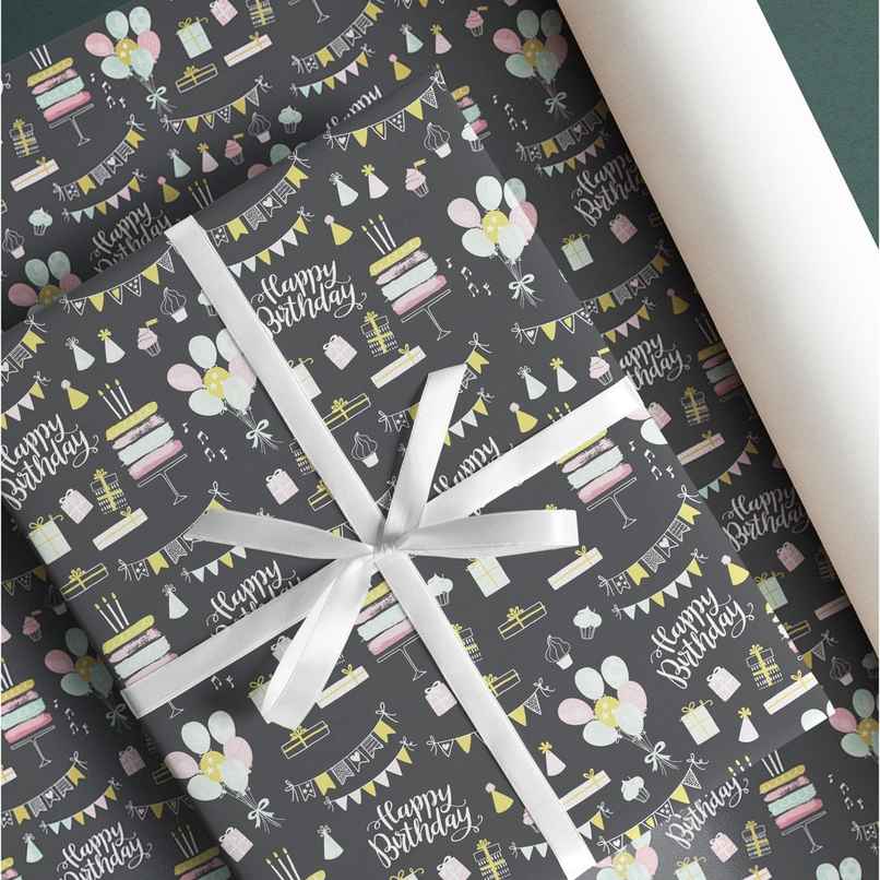 Paperpep Black Birthday Print Gift Wrapping Paper | 19 x 29 Inch | Pack Of 5 Sheets | In Roll Pack