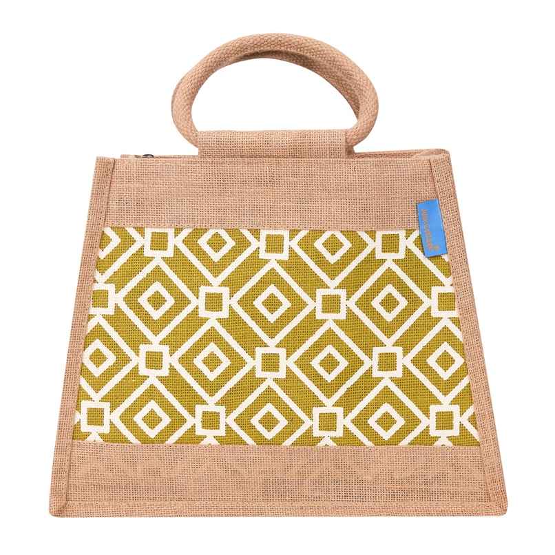 Jute Cottage Carry Bag - Taper Lunch Zipper Bag | Eco-friendly | Stylish | Green | 10 x 13 x 6