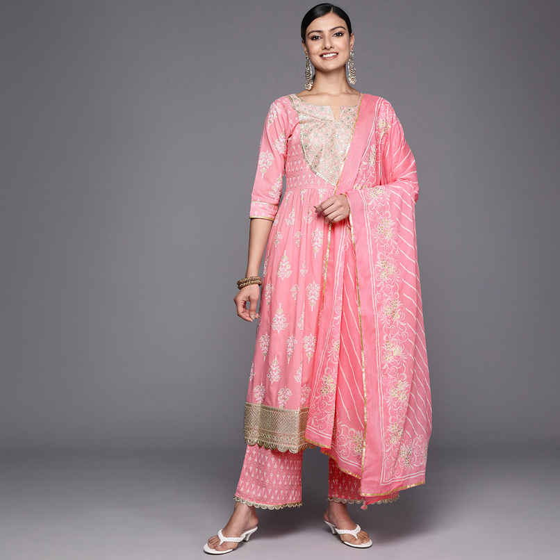 Libas Yoke Design Cotton Anarkali Kurta With Palazzos & Dupatta | 34251R | Pink - S