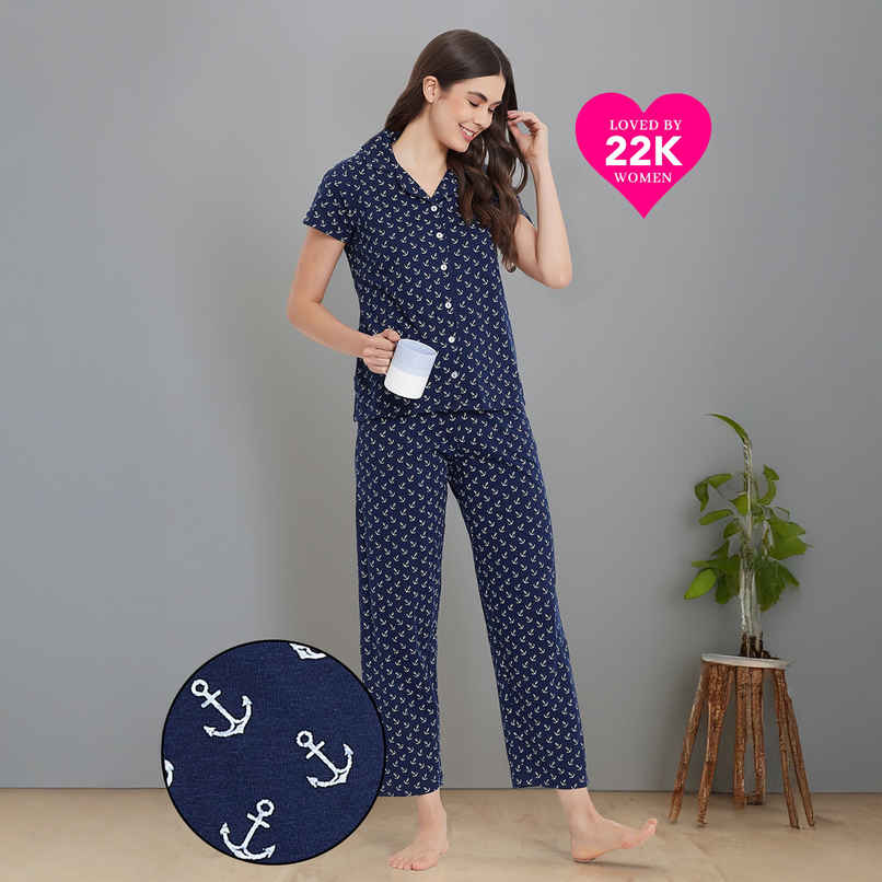 Clovia Button Down Anchor Print Shirt & Pyjama Set - Cotton | Blue | S