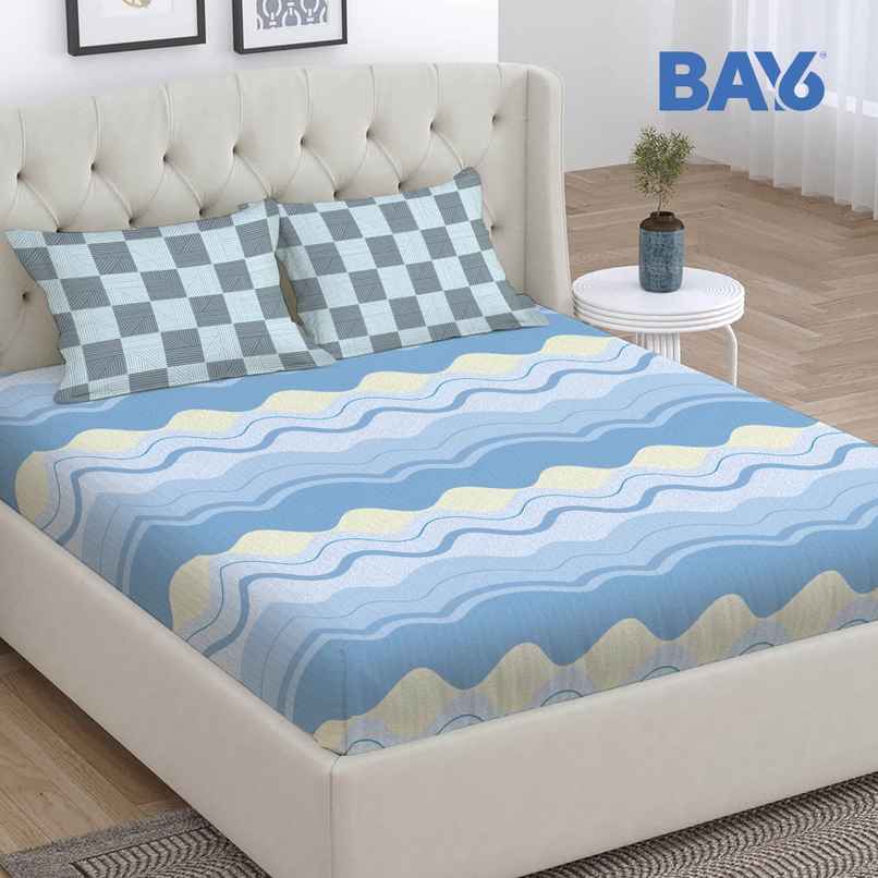 BAY6 Microfibre Geometric Print Double Bedsheet with 2 Pillow Covers | Blue | 87 x 94 in