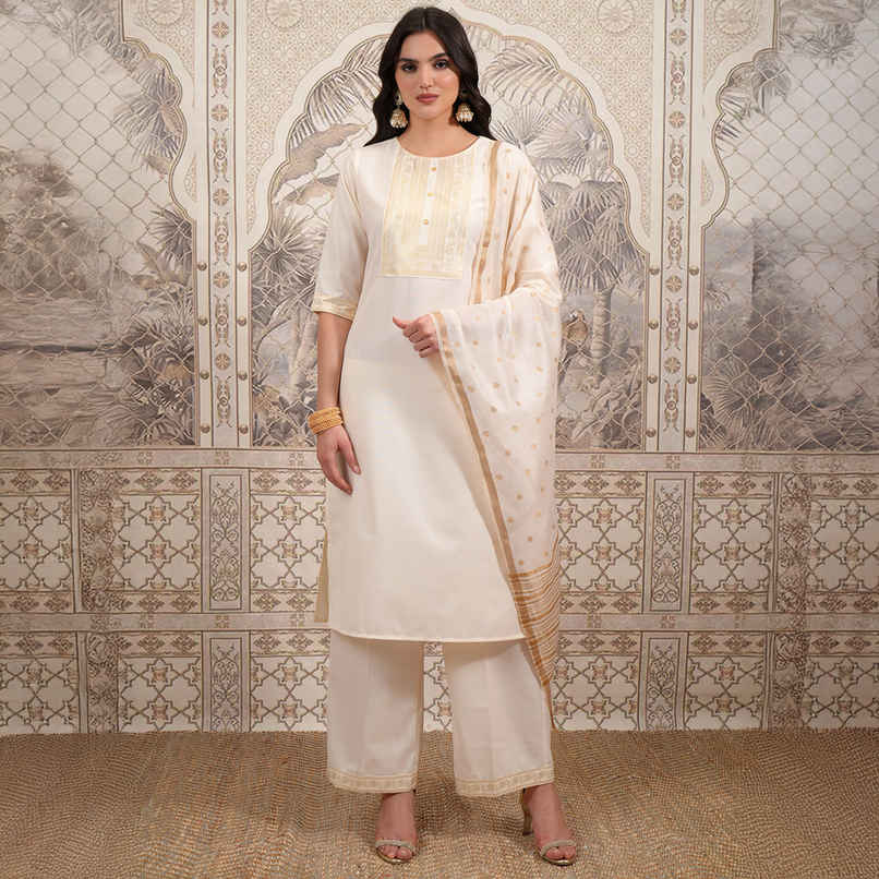 Vishudh Women's Foil Print Straight Kurta with Cropped Palazzo with Dupatta | PVK3000037 | Cream -L Vishudh Women's Foil Print Straight Kurta with Cropped Palazzo with Dupatta | PVK3000037 | Cream -L