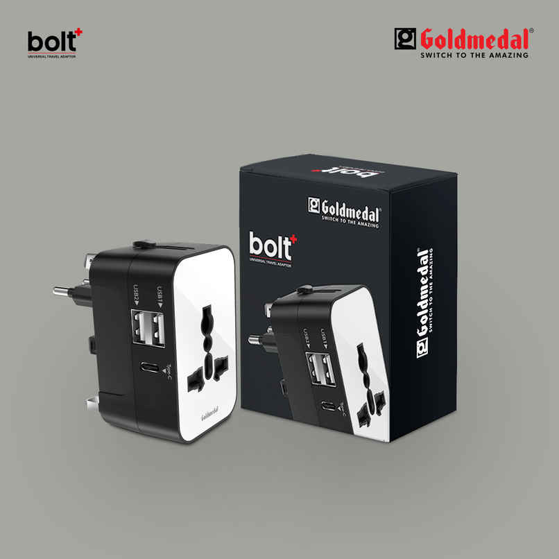 Goldmedal Bolt Plus Universal Travel Adaptor | 2 Type-A & 1 Type-C USB Ports | Black & White Goldmedal Bolt Plus Universal Travel Adaptor | 2 Type-A & 1 Type-C USB Ports | Black & White