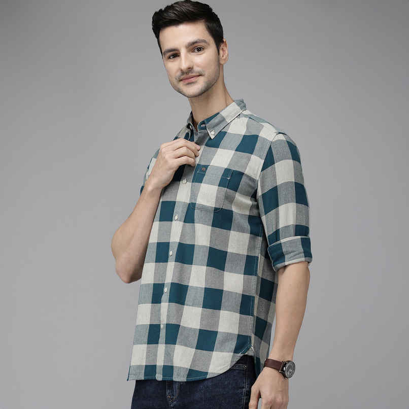 The Bear House Men Pure Cotton Checked Slim Fit Flannel Shirt Style-Juul Color -Teal Size -L The Bear House Men Pure Cotton Checked Slim Fit Flannel Shirt Style-Juul Color -Teal Size -L