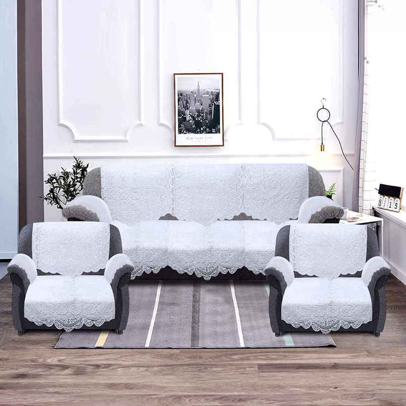 Kuber Industries Circle Design Cotton Sofa Cover | 3 Seater & 2 Seater | 6 Piece Arms Cover|White