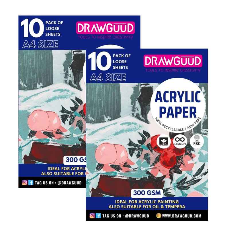 Drawguud Acrylic Paper 300Gsm Pack Of 10 A4 8.3X11.7 In Sheets