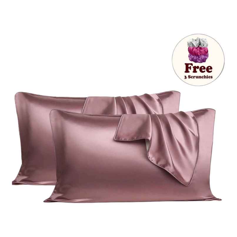 Casacraft by Pepperfry Rose Pink 400 TC Silk 2 Pillow Covers With 3 Assorted Scrunchie Free