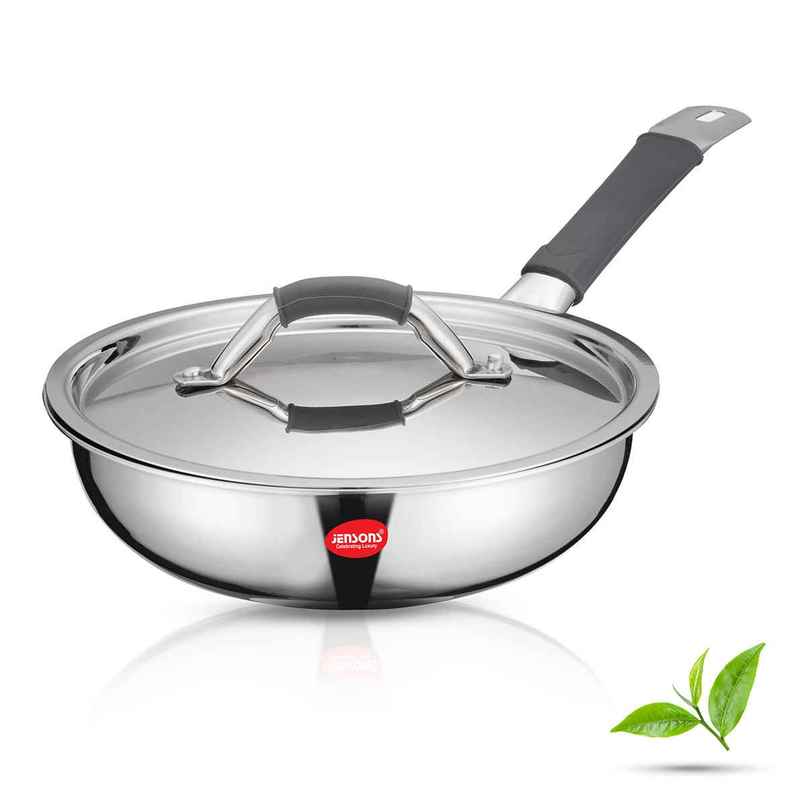 Jensons Triply Stainless Steel Fry Pan 22 cm with Lid | Gas & Induction Compatible Jensons Triply Stainless Steel Fry Pan 22 cm with Lid | Gas & Induction Compatible