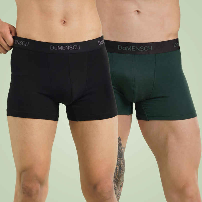Damensch Men's Solid Trunks | Anti-Odour | Black & Green | M