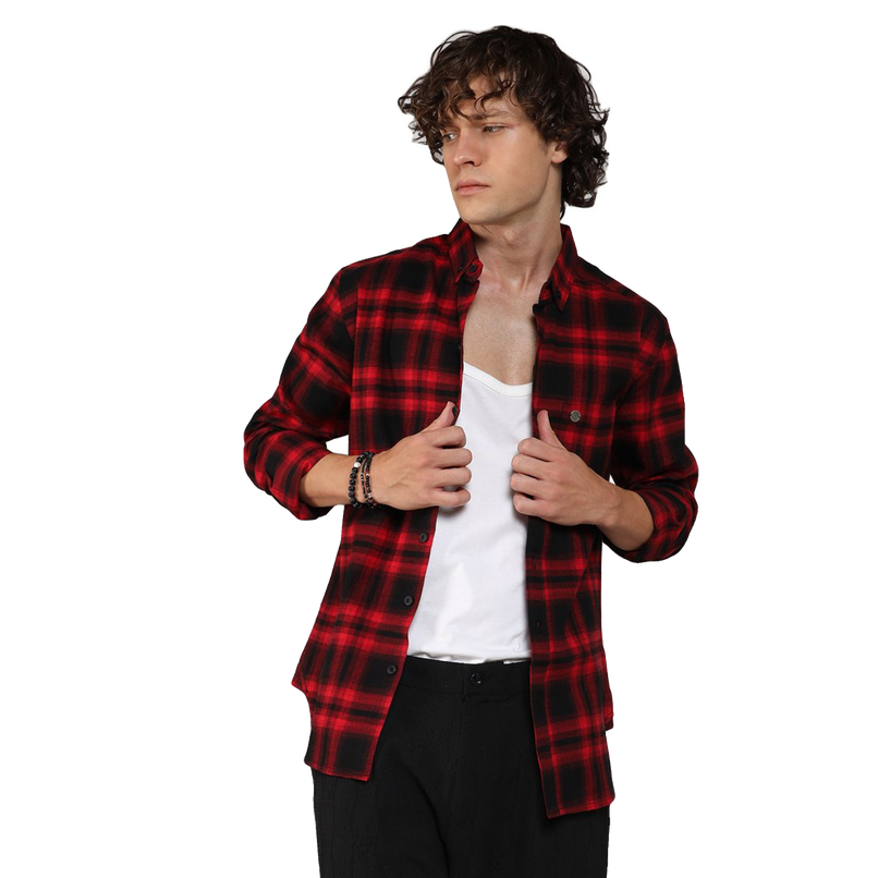 Campus Sutra Men's Brushed Buffalo Check Shirt | Midnight Black & Scarlet Red - XL