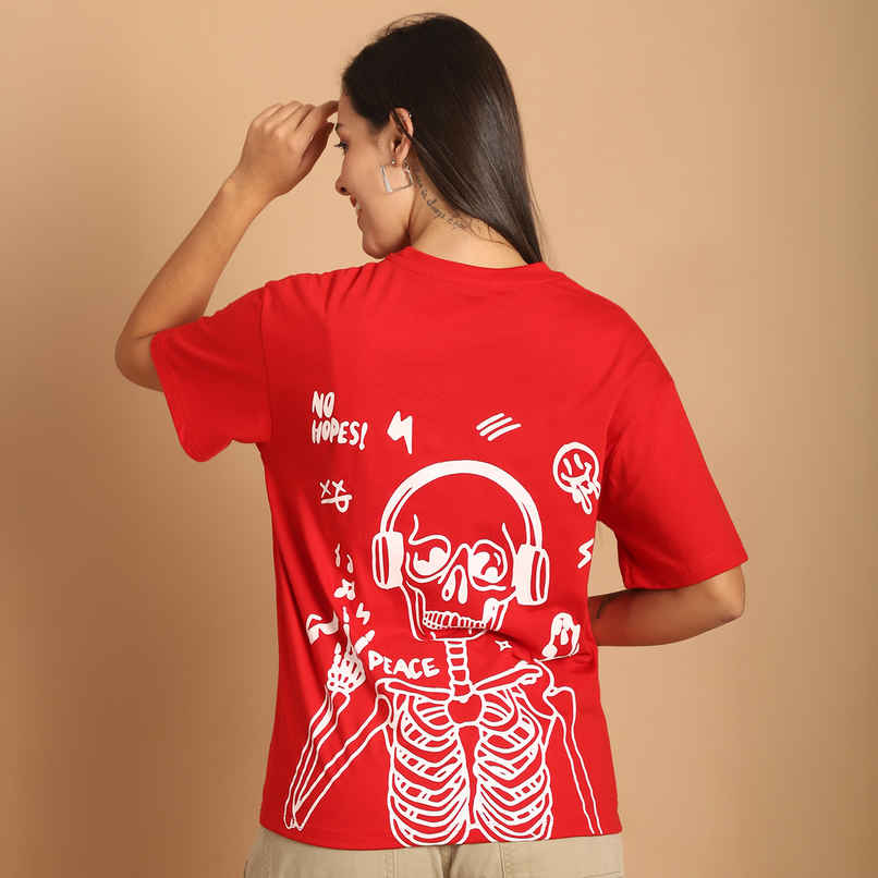 Fabflee Women Oversize Cotton Printed Round Neck Tshirt | Red | FAB-OS-505 | XL