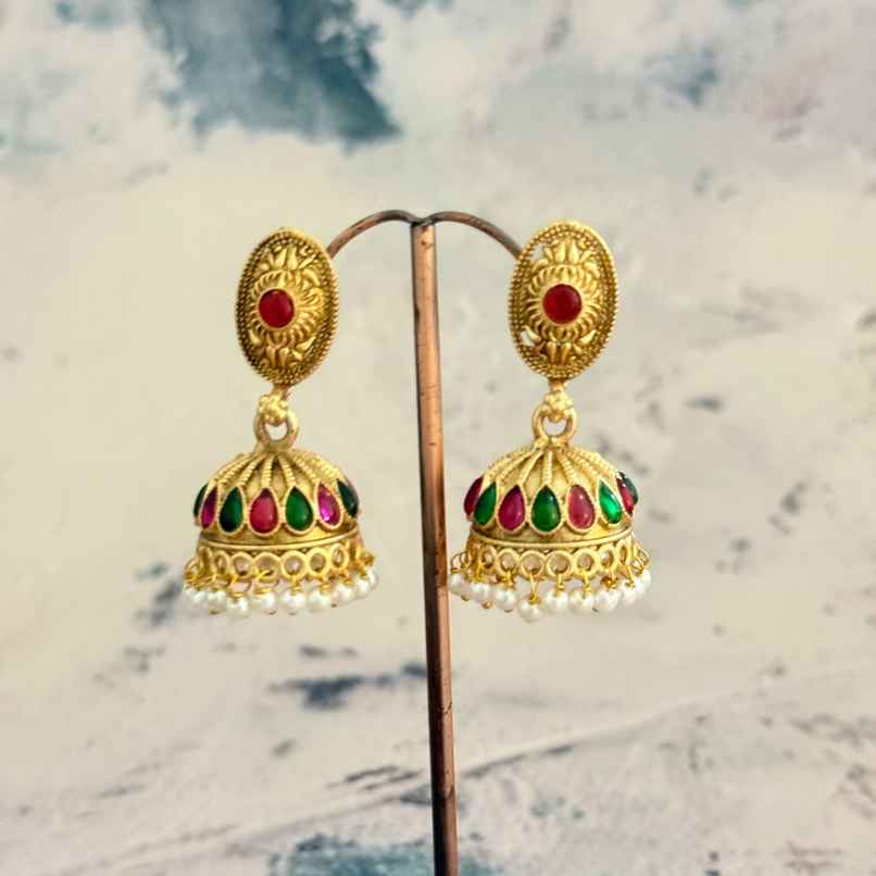 The Opal Factory Earrings Stone Studded Oval Golden Motif Jhumki Earrings with Pearl Hangings |Gold The Opal Factory Earrings Stone Studded Oval Golden Motif Jhumki Earrings with Pearl Hangings |Gold