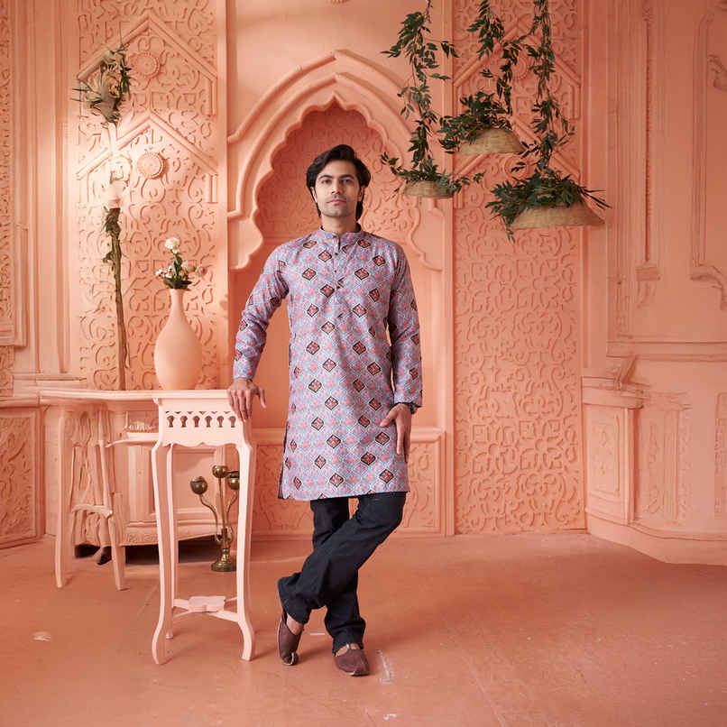 House Of Festivals Men's Printed Cotton Blend Long Kurta | Light Blue - XL