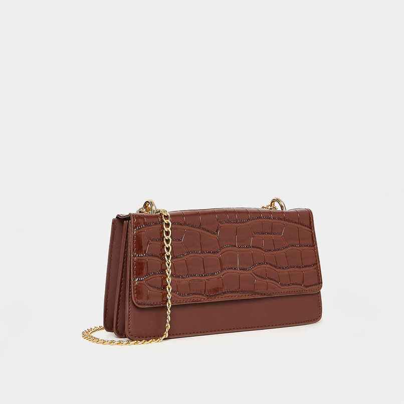 Styli Women's Croc Textured Flap Shoulder Satchel Bag | Brown Styli Women's Croc Textured Flap Shoulder Satchel Bag | Brown