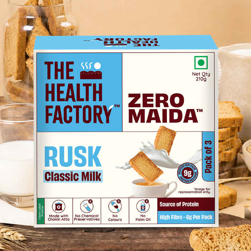 The Health Factory Milk Rusk | Zero Maida | Source of Protein & Fibre | Wheat Rusk Toast | Tea Time Snack
