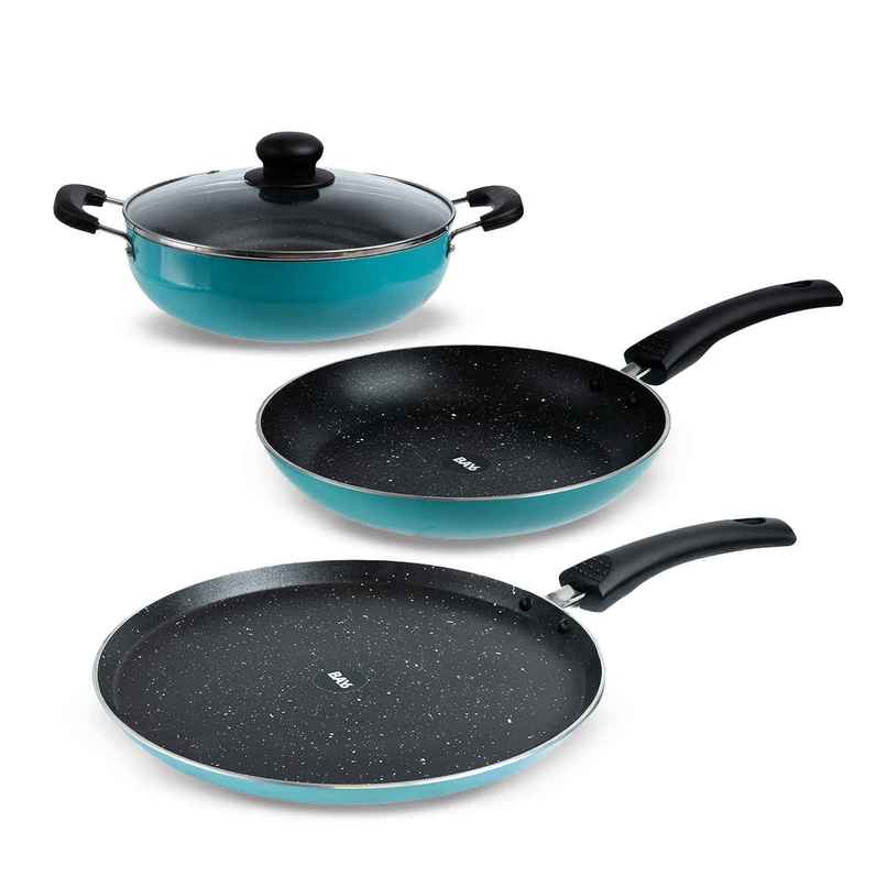 BAY6 Induction Bottom Nonstick Cookware Set (28 cm Tawa + 24 cm Fry Pan + 22 cm Kadai) - Teal - (3pc) BAY6 Induction Bottom Nonstick Cookware Set (28 cm Tawa + 24 cm Fry Pan + 22 cm Kadai) - Teal - (3pc)