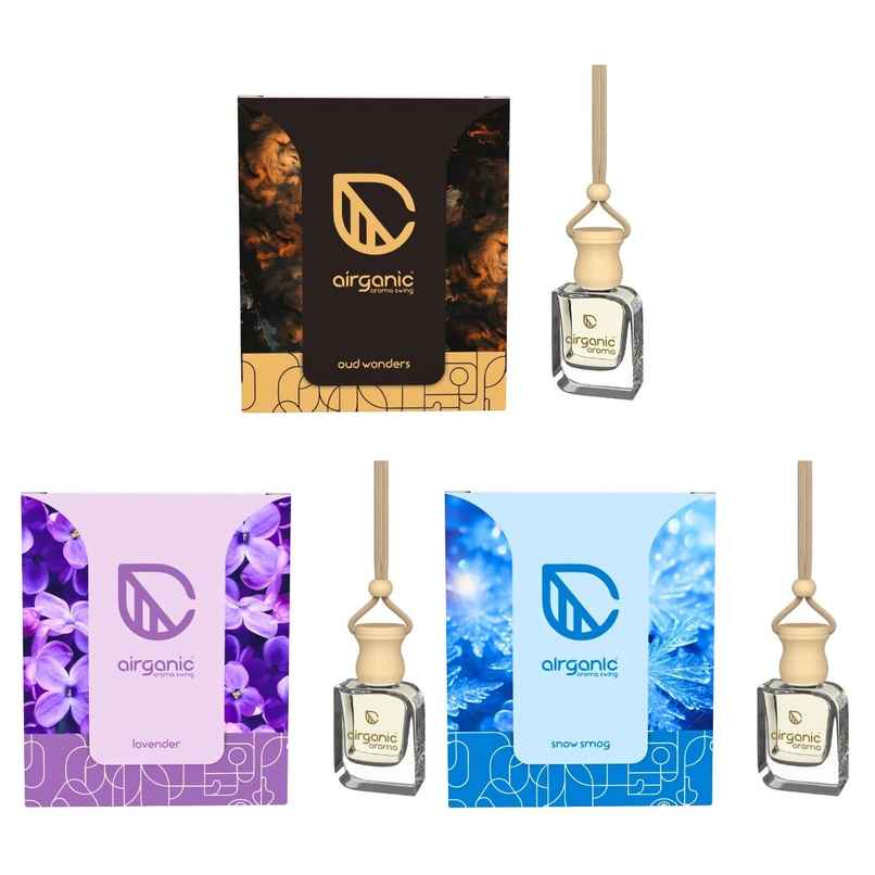 Airganic Swing Combo - Oud Wonder | Lavender & Snow Smog | Essential Oils in Glass Bottle | 3 Pcs Airganic Swing Combo - Oud Wonder | Lavender & Snow Smog | Essential Oils in Glass Bottle | 3 Pcs