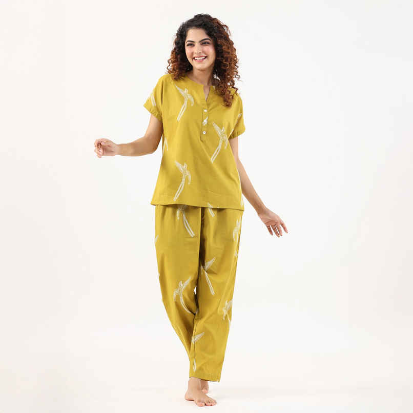 Sanskrutihomes Graphic Printed Pure Cotton Night Suit | Yellow - XL Sanskrutihomes Graphic Printed Pure Cotton Night Suit | Yellow - XL