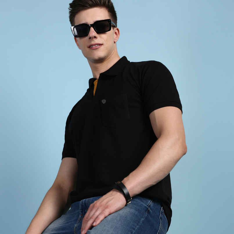 Lux Cozi Men's Solid Cotton Polo T-shirt with Pocket | Black - XXL