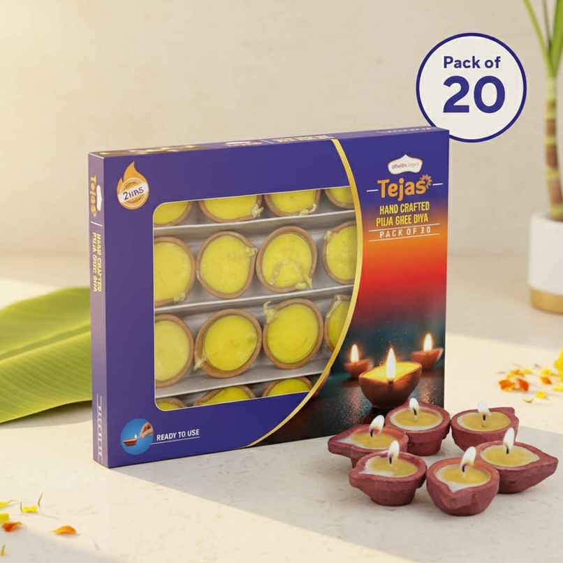 Tejas Hand Crafted Clay Based Puja Ghee Diya | Yellow | Traditional | Terracotta | Pack of 20 | Shubhkart