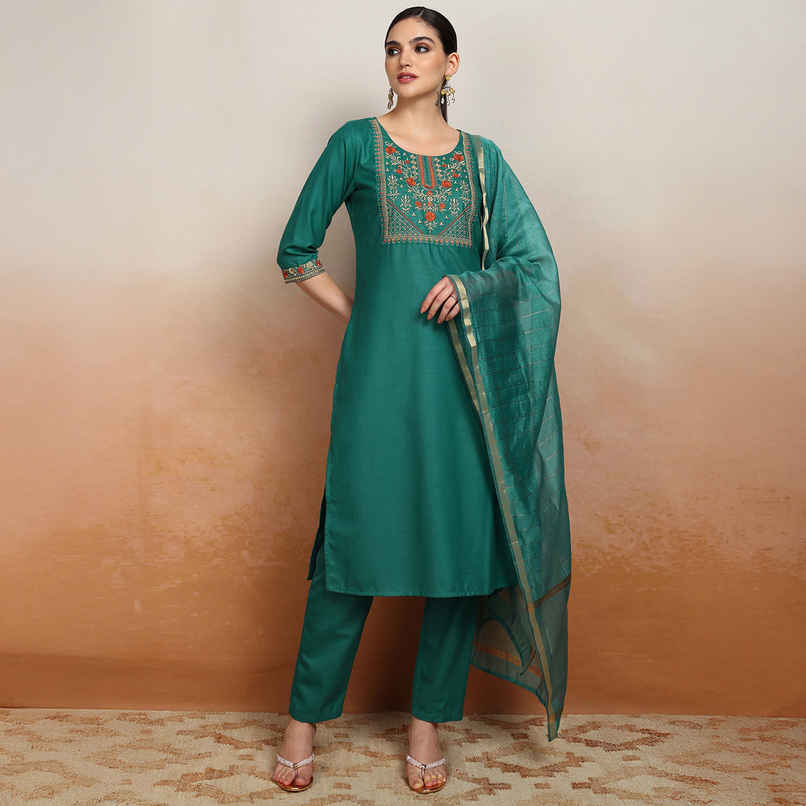 Vishudh Women's Embroidered Straight Kurta With Pants And Dupatta | PVK3000011 | Green - L Vishudh Women's Embroidered Straight Kurta With Pants And Dupatta | PVK3000011 | Green - L