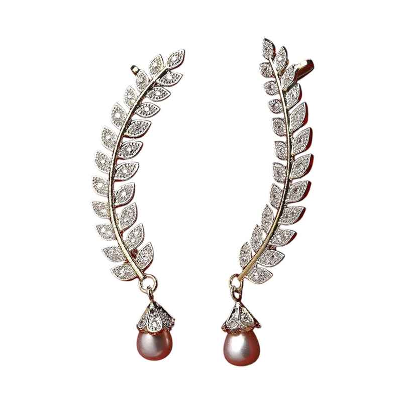 Zeneme Gold Plated American Diamond Leaf Shape Ear Cuff Earring Jewellery For Women & Girls