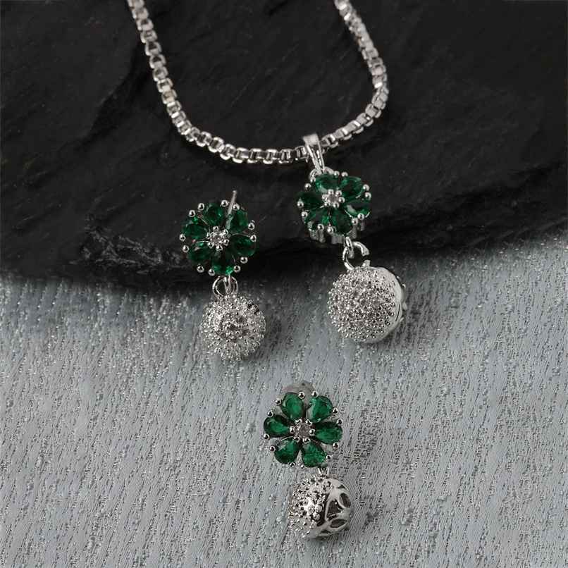 Zeneme Rhodium-Plated Silver Green CZ-AD Floral Cute Pendant Earrings Jewellery Set For Women