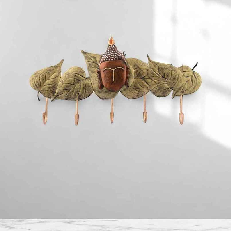 Ecraftindia Wrought Iron Buddha Head With Green Leaves Designer With 5 Key Hooks For Wall Ecraftindia Wrought Iron Buddha Head With Green Leaves Designer With 5 Key Hooks For Wall