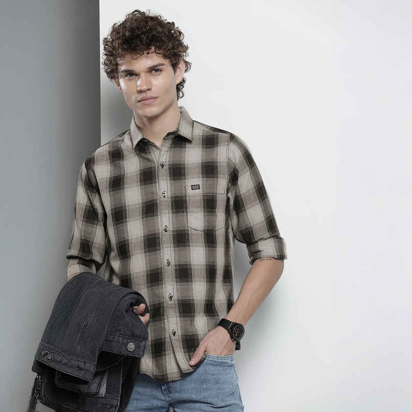 The Indian Garage Co Men's Slim Fit Checkered Casual Shirt | Grey - L The Indian Garage Co Men's Slim Fit Checkered Casual Shirt | Grey - L