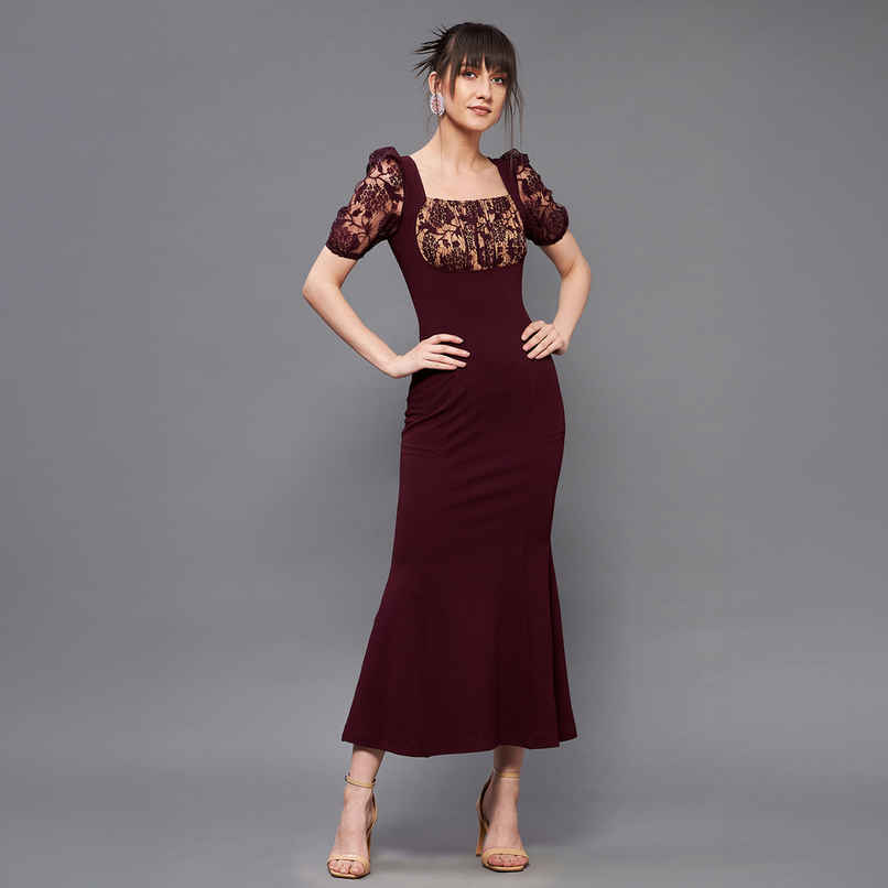 Miss Chase Women Square Neck Short Puff Sleeve Self Design Lace Overlaid Bodycon Midi Dress | Wine | S Miss Chase Women Square Neck Short Puff Sleeve Self Design Lace Overlaid Bodycon Midi Dress | Wine | S