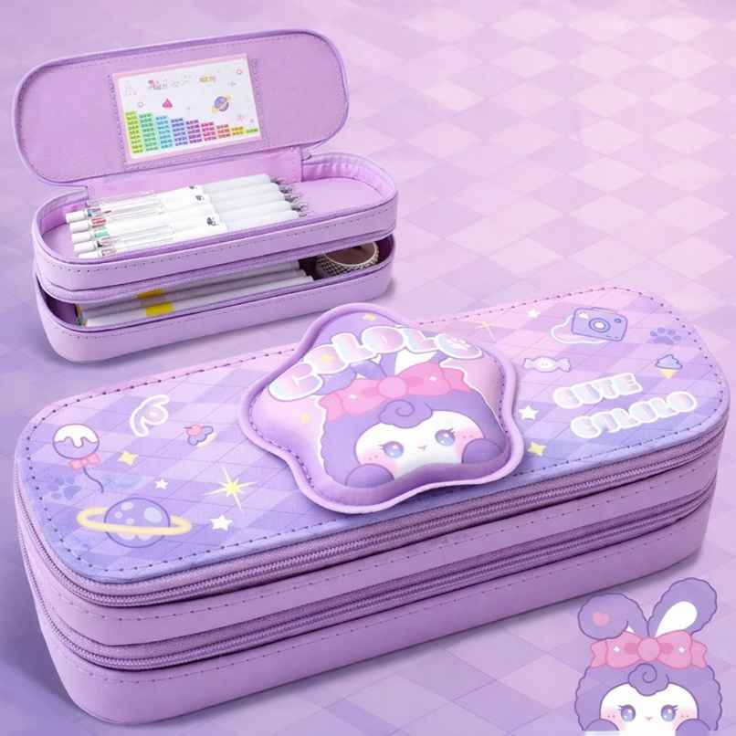 Fablue Adorable Cartoon Pencil Box with Zipper | Large Capacity Organizer | Lavender