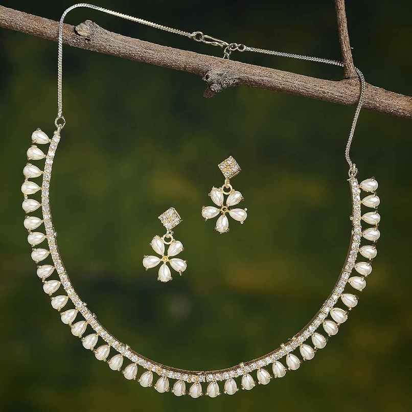 Zeneme White & Gold-Toned Gold-Plated AD-Studded Jewelry Set For Women & Girls