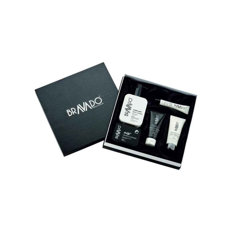 Bravado 5-in-1 Grooming Kit for Men | Hair Wax, Face Cream & Body Lotion Gift Set Combo Bravado 5-in-1 Grooming Kit for Men | Hair Wax, Face Cream & Body Lotion Gift Set Combo