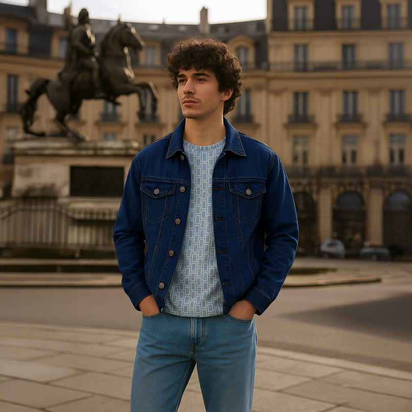 Ftx Men's Solid Regular Fit Full Sleeve Denim Jacket | Dark Blue - L