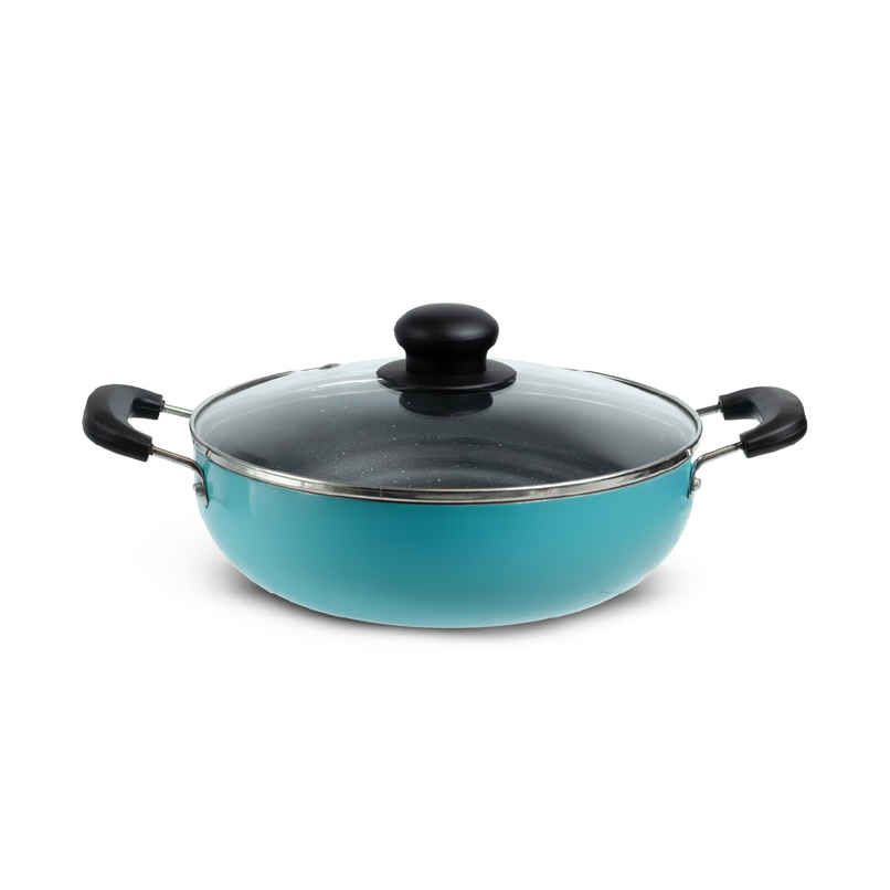 BAY6 Nonstick Kadai | 24 cm | Glass Lid | Teal | Induction Compatible