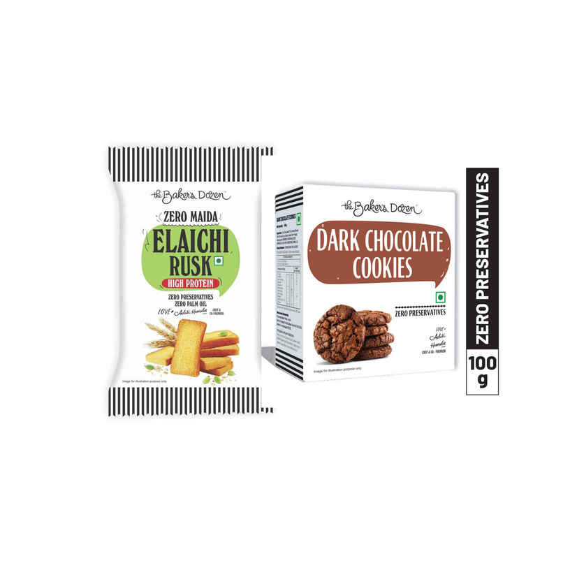 The Baker'S Dozen Zero Maida Elaichi Rusk (80g) & The Baker'S Dozen Dark Chocolate Flavoured Biscuits Cookies | Artificial Flavour-Free (100g) Combo The Baker'S Dozen Zero Maida Elaichi Rusk (80g) & The Baker'S Dozen Dark Chocolate Flavoured Biscuits Cookies | Artificial Flavour-Free (100g) Combo