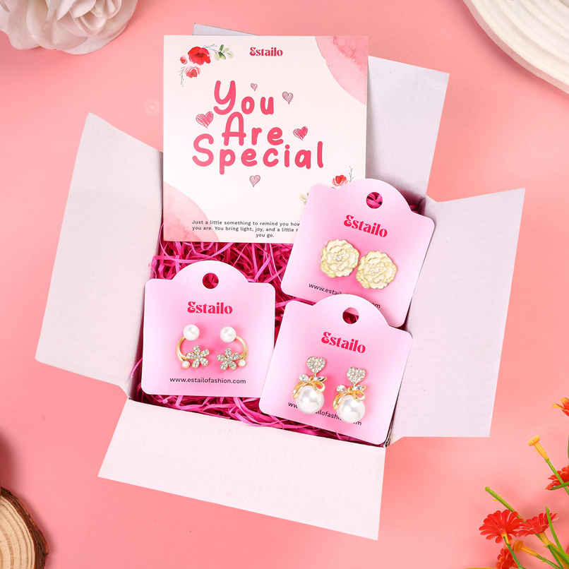 Estailo Fashion 3-Pair Earring Combo Pearl, Whirl & Daisy Studs | Women's Day Estailo Fashion 3-Pair Earring Combo Pearl, Whirl & Daisy Studs | Women's Day