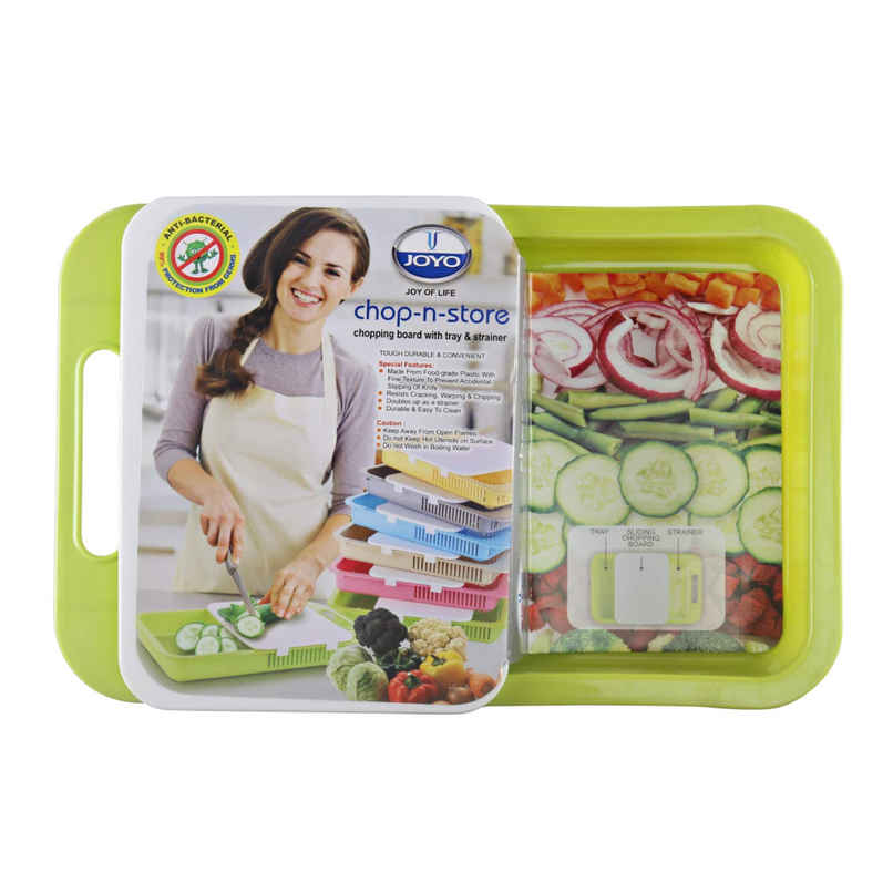 Joyo Plastics Chop - N - Store Cutting Chopping Board with Tray & Strainer (Colour May Vary)