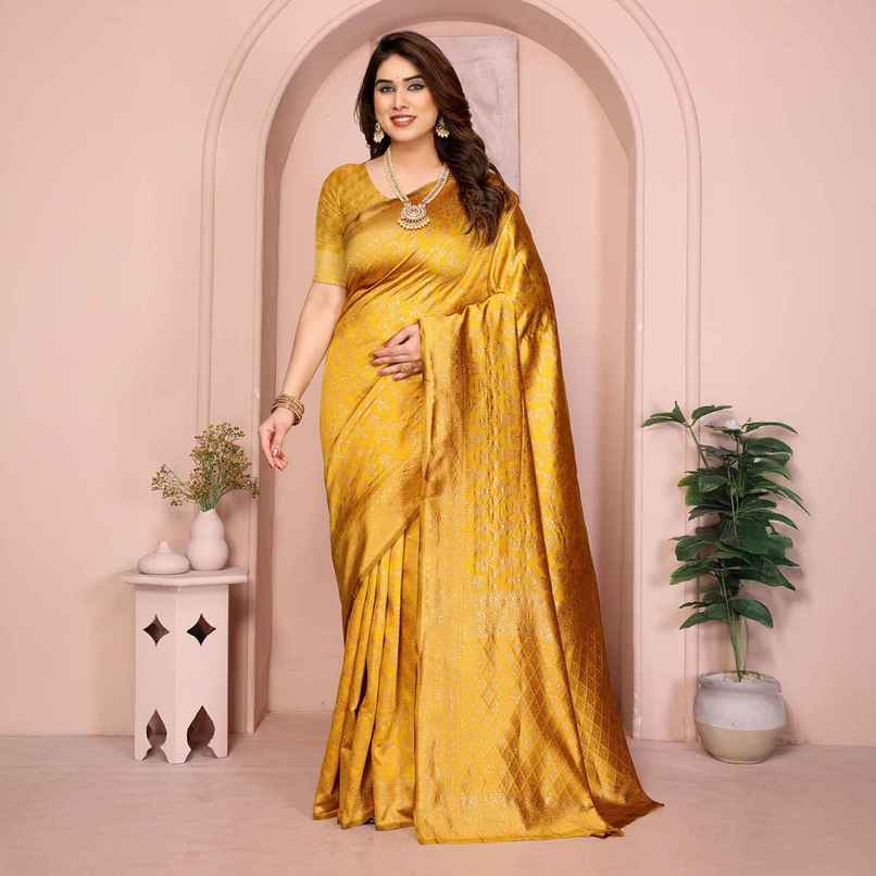 Hema Silk Mills Women Woven Banrasi Silk Blend Saree | Gold
