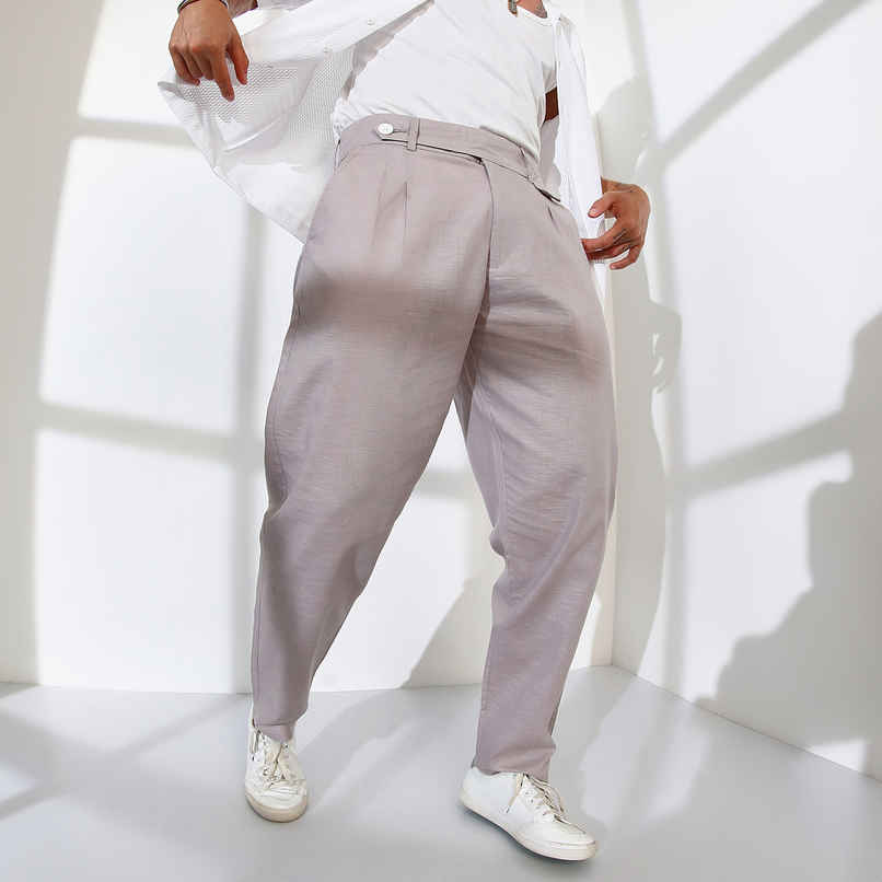 Campus Sutra Men's Tailored Linen-Blend Trousers | Grey - 34