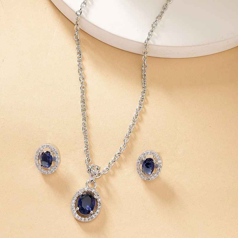 Zeneme Rhodium Plated American Diamond Studded Necklace and Earrings For Women & Girls