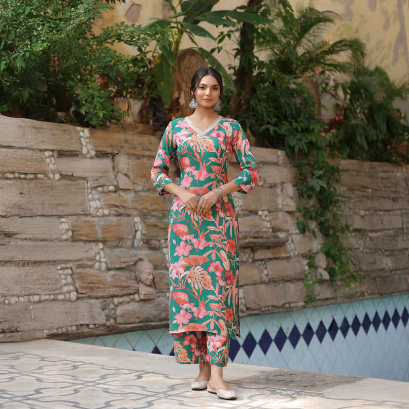 GoSriKi Women's Rayon Blend Straight Printed Kurta with Palazzo | CHINKI | Green - S