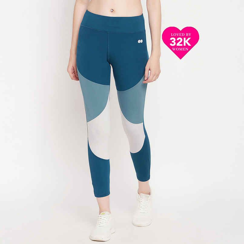 Clovia Snug Fit High-Rise Colourblocked Active Tights | Teal | L Clovia Snug Fit High-Rise Colourblocked Active Tights | Teal | L