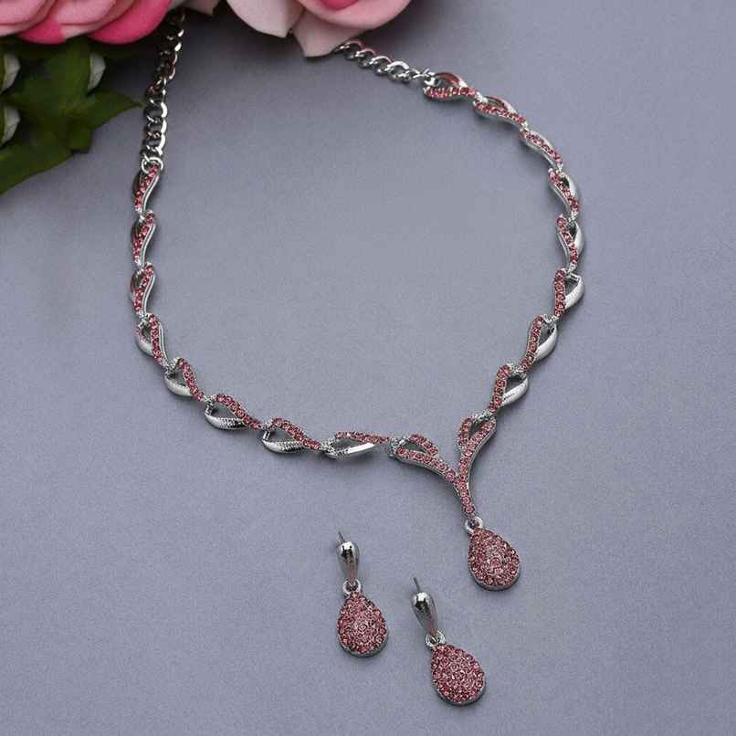 Zeneme Silver-Plated Cubic Zirconia Necklace and Earrings For Women & Girls