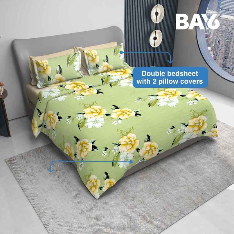 BAY6 120 GSM Double Bedsheet Floral Print with 2 Pillow Covers | 220 x 240 cm - Green BAY6 120 GSM Double Bedsheet Floral Print with 2 Pillow Covers | 220 x 240 cm - Green